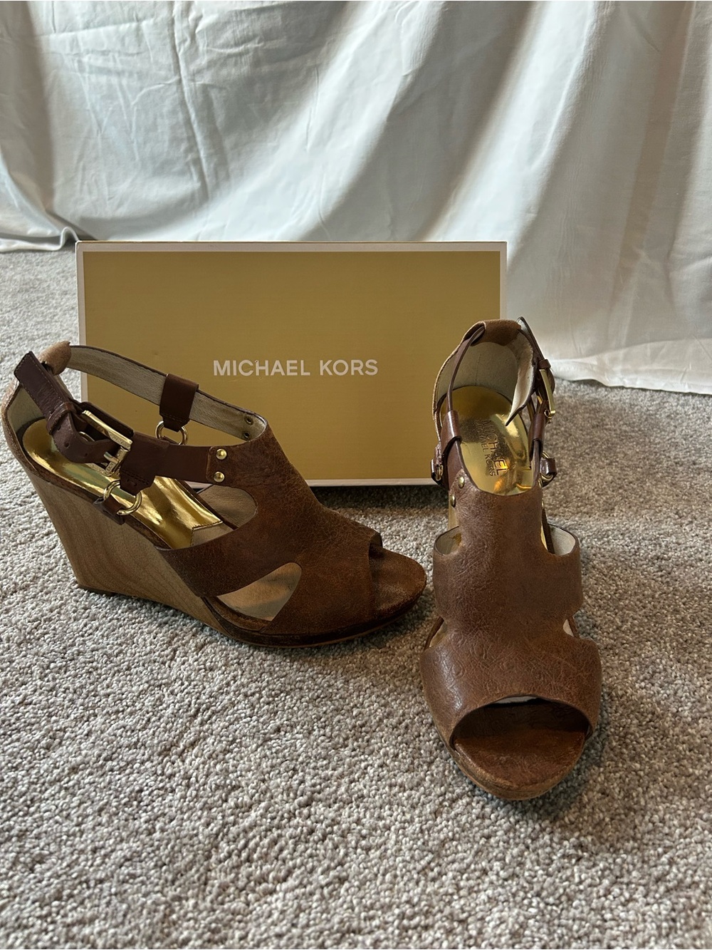 Michael Kors Brown Suede Cutout Wedge Sandals